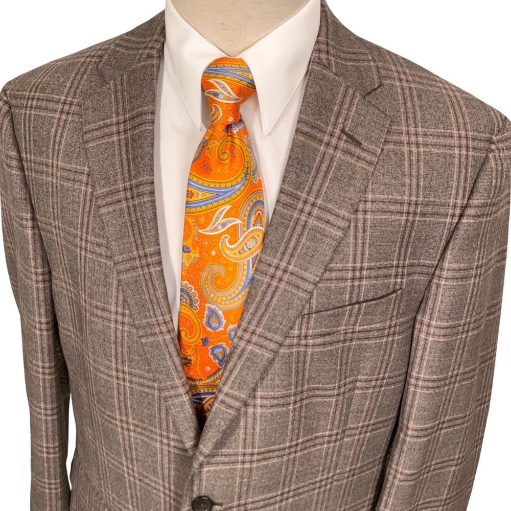 Jos A Bank Reserve Blazer Mens 44R Brown Plaid Traditional Fit Academia Wool